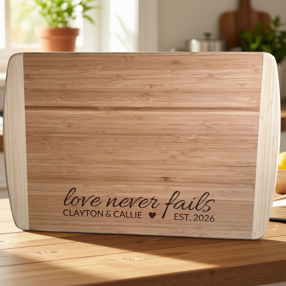 Love Never Fails - Large Bamboo Cutting Board
