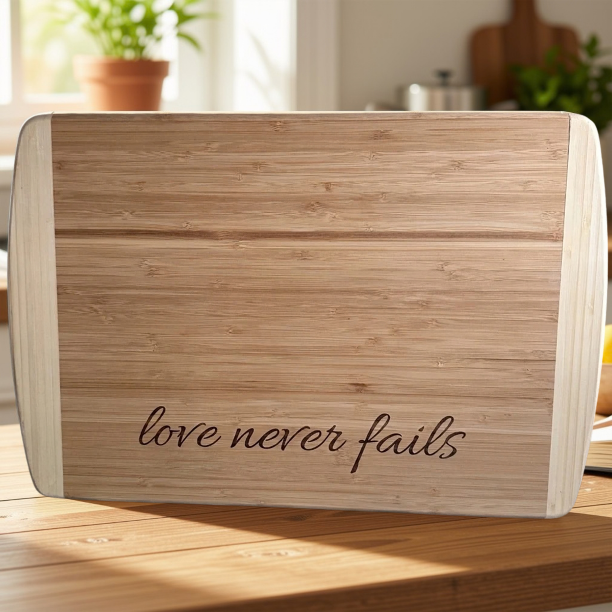Love Never Fails - Large Bamboo Cutting Board